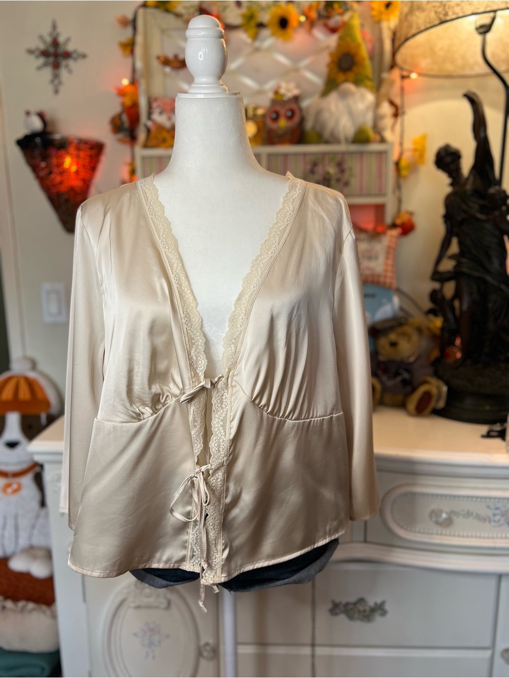 Tempted Cream Satin Lace-Trim Tie-Front Blouse
